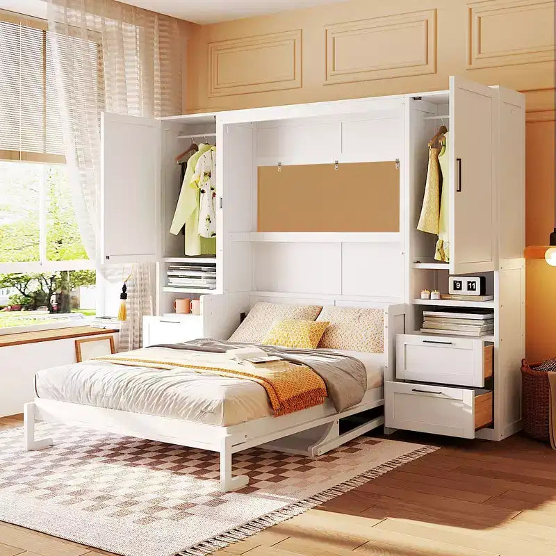 Lit mural escamotable queen size au design moderne, se pliant en une armoire avec penderie, tiroirs et étagères