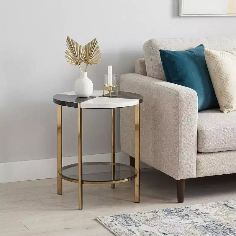 Table d'appoint ronde de 24 po en bois manufacturé noir et fer avec deux étagères