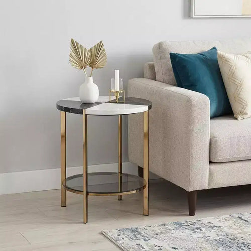 24 Black Manufactured Wood And Iron Round End Table With Two Shelves
