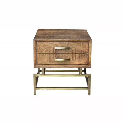 HomeRoots 21 Brass And Brown Solid Wood And Iron Square End Table With Drawer