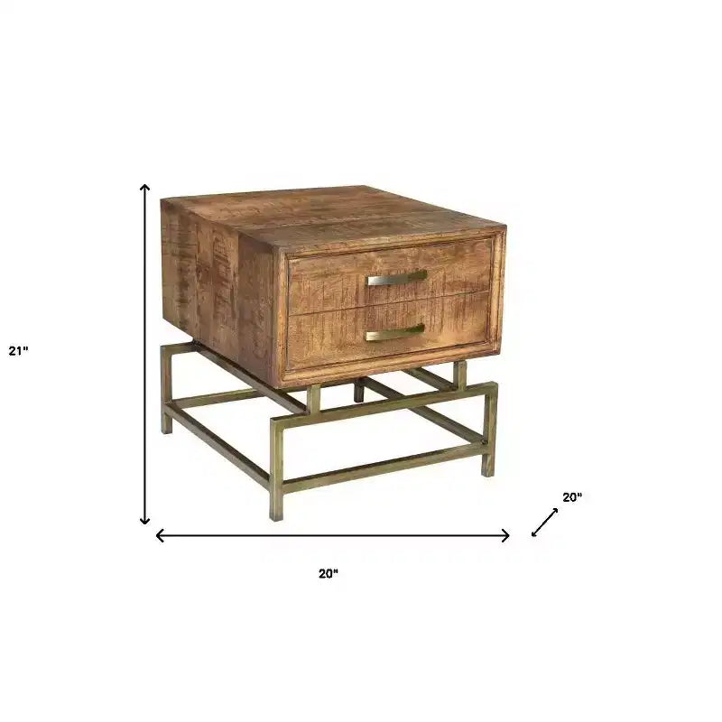 Table d'appoint carrée de 21 po en laiton et bois massif marron et fer avec tiroir