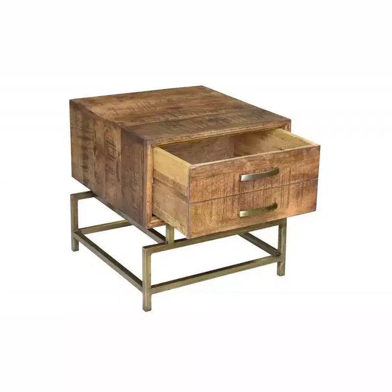 Table d'appoint carrée de 21 po en laiton et bois massif marron et fer avec tiroir