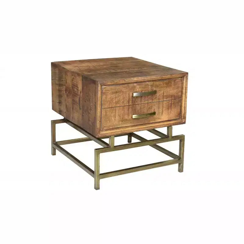 Table d'appoint carrée de 21 po en laiton et bois massif marron et fer avec tiroir