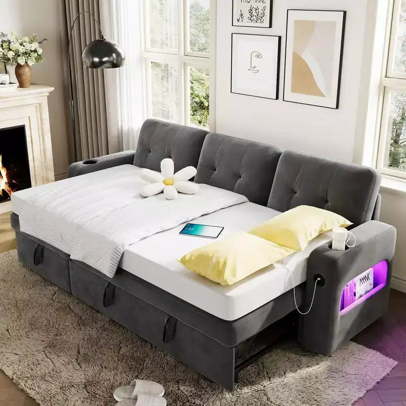 Canapé-lit 84 po avec rangement et station de recharge, Canapé sectionnel convertible avec lit gigogne, Canapé en velours pour salon