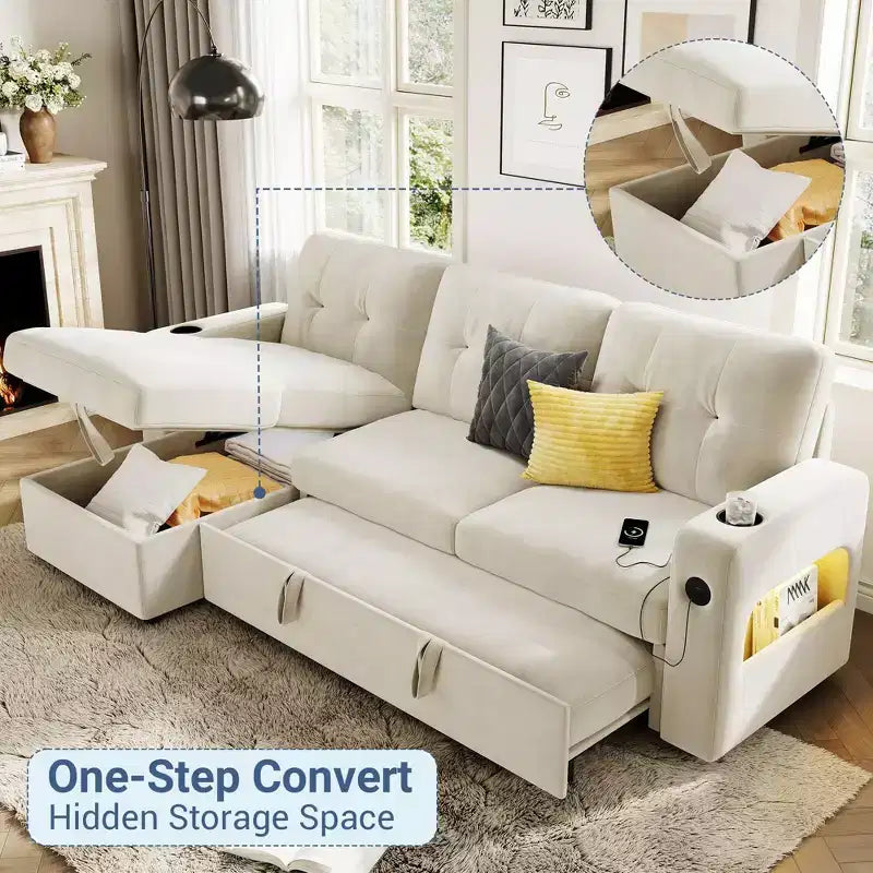 84 Sleeper Sofa with Storage & Charging Station, Convertible Sectional Sofa Bed with Pull-Out Bed, Velvet Couch for Living Room
