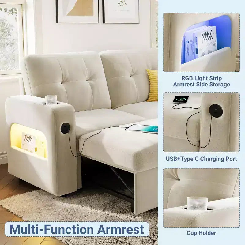 84 Sleeper Sofa with Storage & Charging Station, Convertible Sectional Sofa Bed with Pull-Out Bed, Velvet Couch for Living Room