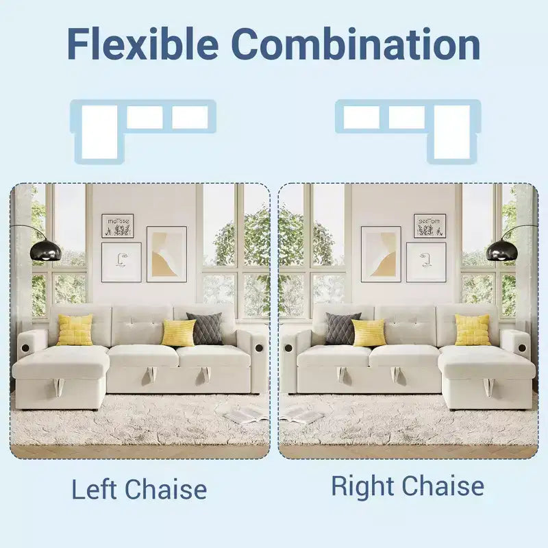 84 Sleeper Sofa with Storage & Charging Station, Convertible Sectional Sofa Bed with Pull-Out Bed, Velvet Couch for Living Room