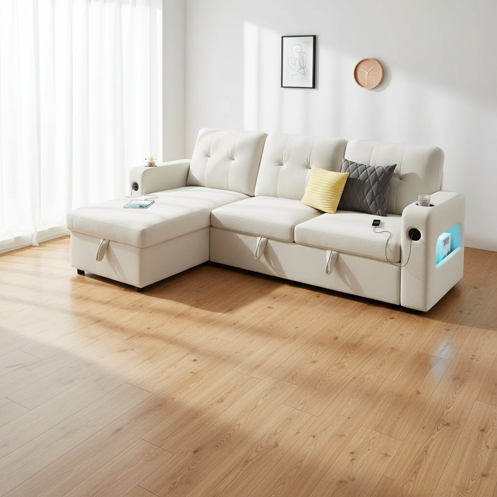 84 Sleeper Sofa with Storage & Charging Station, Convertible Sectional Sofa Bed with Pull-Out Bed, Velvet Couch for Living Room
