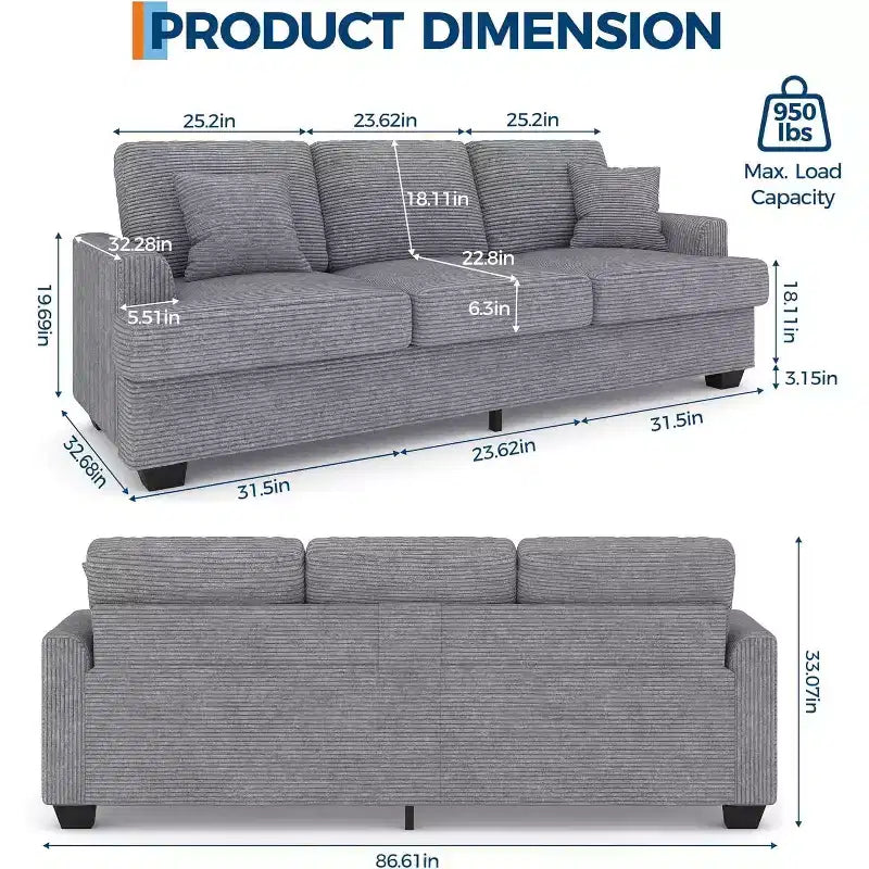 Canapé nuage moelleux 86", 3 places avec assise profonde, 2 coussins de dossier amovibles et oreillers décoratifs pour salon/chambre/appartement