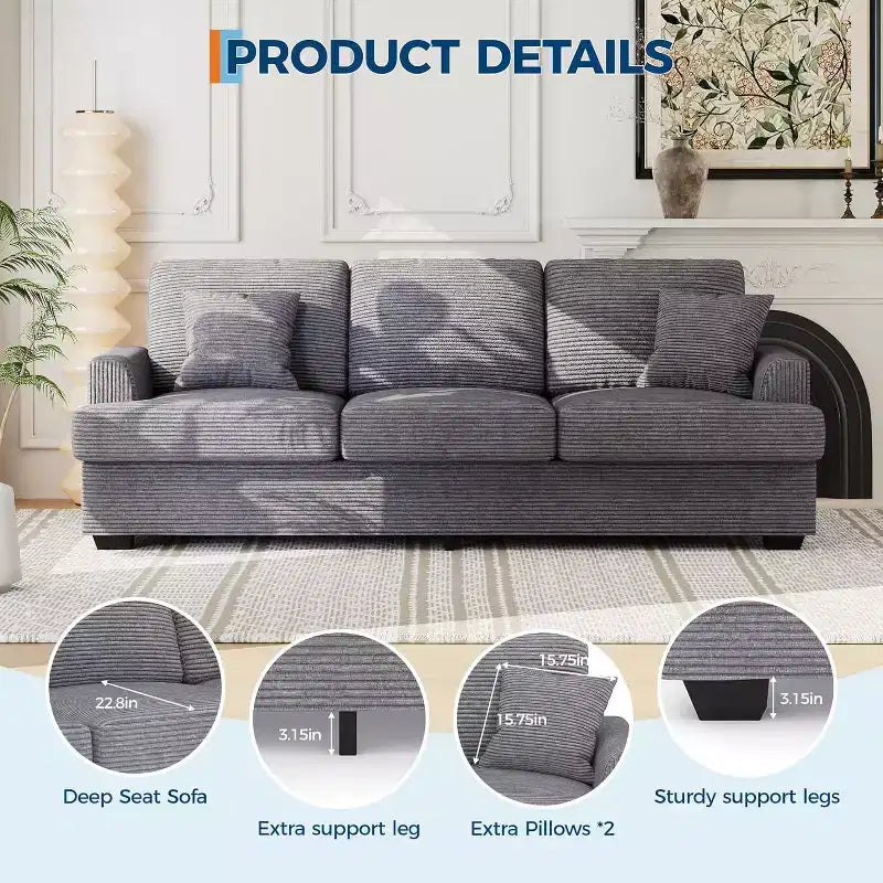 Canapé nuage moelleux 86", 3 places avec assise profonde, 2 coussins de dossier amovibles et oreillers décoratifs pour salon/chambre/appartement