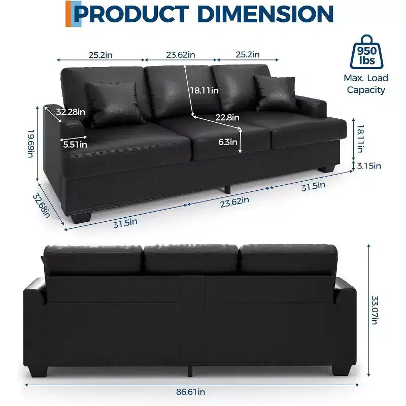 86 Plush Cloud Sofa, 3-Seater with Deep Seats, 2 Removable Back Cushions & Throw Pillows for Living Room/Bedroom/Apartments