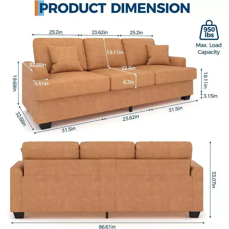Canapé nuage moelleux 86", 3 places avec assise profonde, 2 coussins de dossier amovibles et oreillers décoratifs pour salon/chambre/appartement