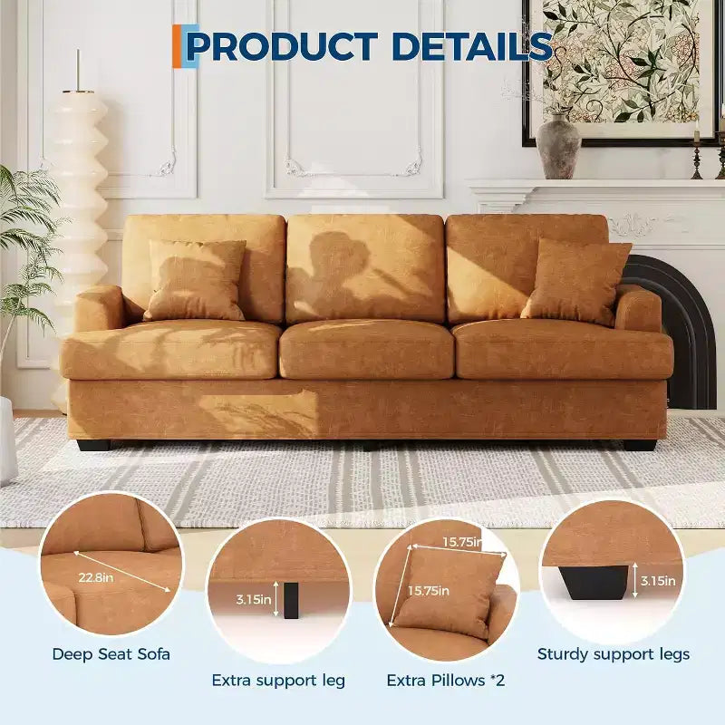 Canapé nuage moelleux 86", 3 places avec assise profonde, 2 coussins de dossier amovibles et oreillers décoratifs pour salon/chambre/appartement