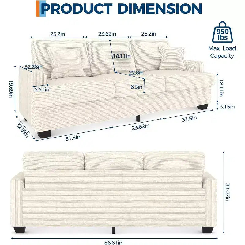 Canapé nuage moelleux 86", 3 places avec assise profonde, 2 coussins de dossier amovibles et oreillers décoratifs pour salon/chambre/appartement