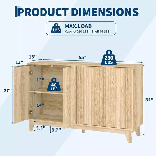 Buffet à 2 portes cannelées de 140 cm avec étagères réglables, meuble de rangement moderne pour salon, cuisine, entrée