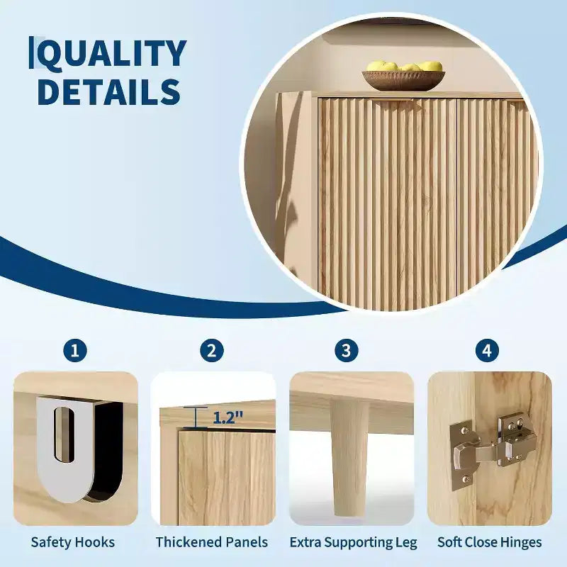 Buffet à 2 portes cannelées de 140 cm avec étagères réglables, meuble de rangement moderne pour salon, cuisine, entrée