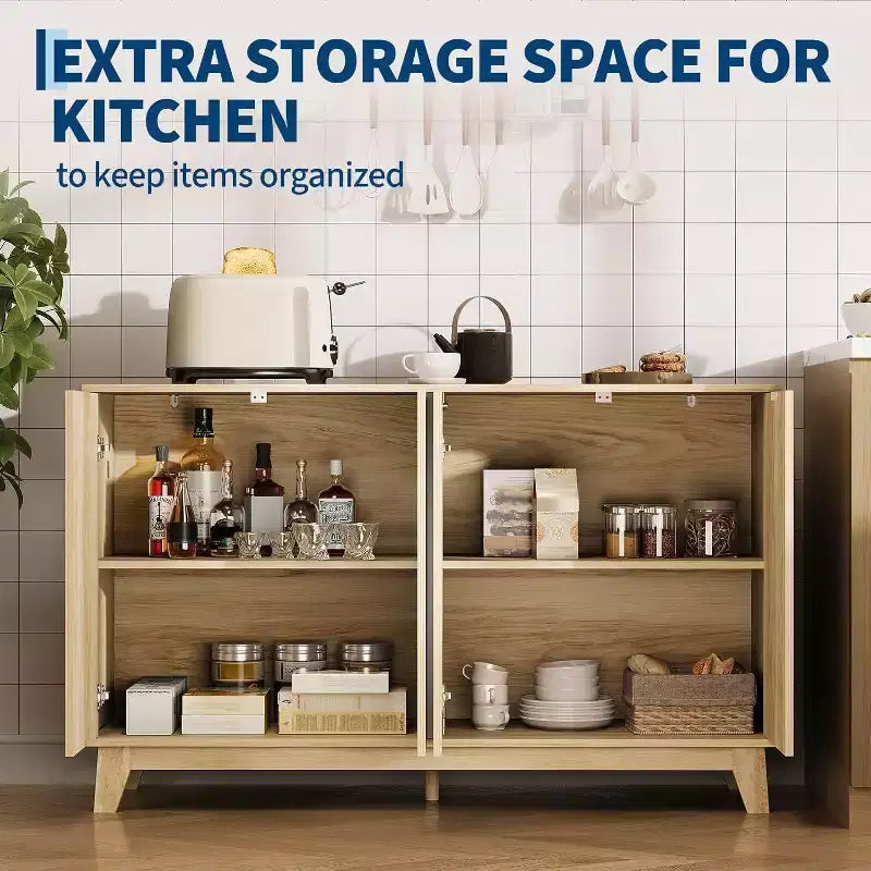 Buffet à 2 portes cannelées de 140 cm avec étagères réglables, meuble de rangement moderne pour salon, cuisine, entrée