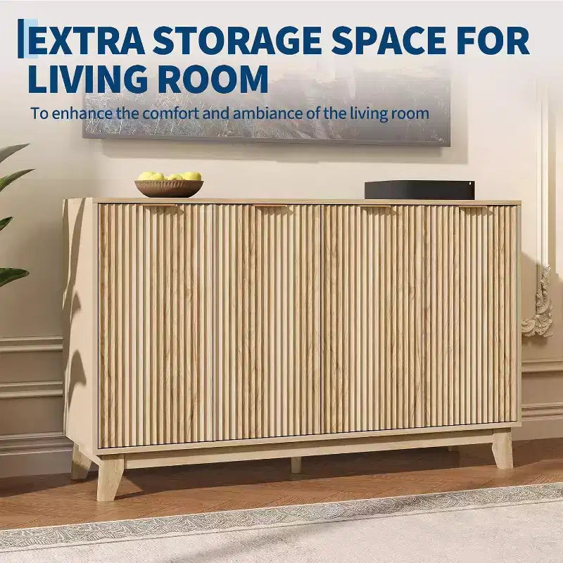 Buffet à 2 portes cannelées de 140 cm avec étagères réglables, meuble de rangement moderne pour salon, cuisine, entrée
