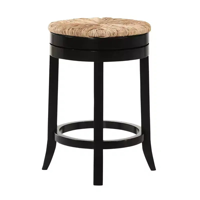 Tabouret de bar pivotant à hauteur de comptoir Rush noir : Bois massif, jonc tressé, sans accoudoirs
