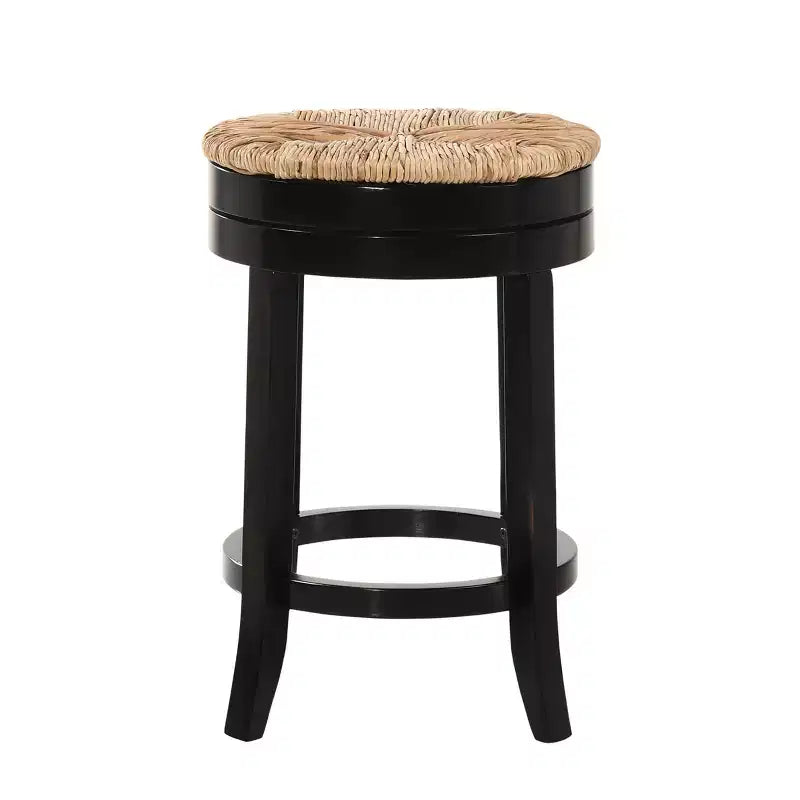 Tabouret de bar pivotant à hauteur de comptoir Rush noir : Bois massif, jonc tressé, sans accoudoirs
