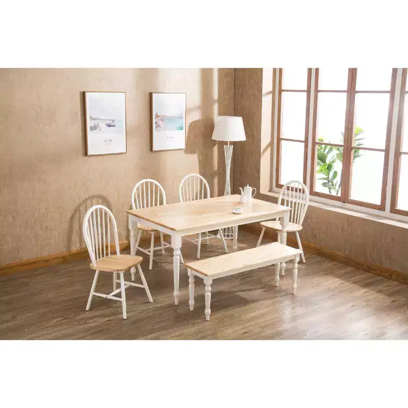 Table de salle à manger Bois/Marron/Blanc - Cadre en hévéa, 6 places, Rectangulaire, Piétement 4 pieds, 60 Longueur, 36 Largeur