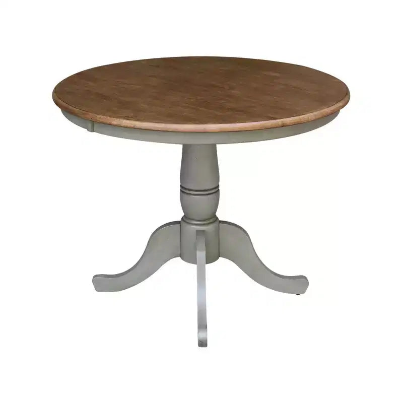 Table piédestal ronde Loraina de 29 po, hauteur salle à manger, brun hickory/gris pierre
