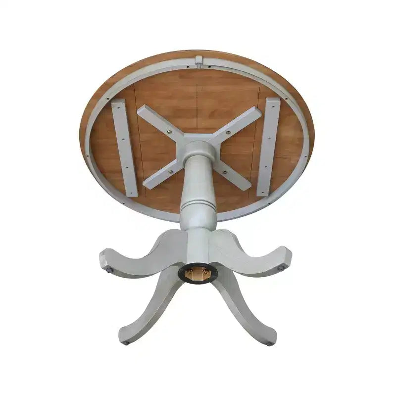 Table piédestal ronde Loraina de 29 po, hauteur salle à manger, brun hickory/gris pierre
