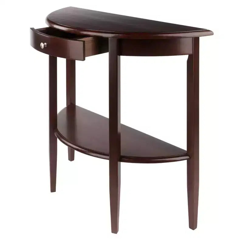 Console / Desserte demi-lune avec tiroir et étagère, noyer antique : Meuble d'entrée avec rangement, bois composite