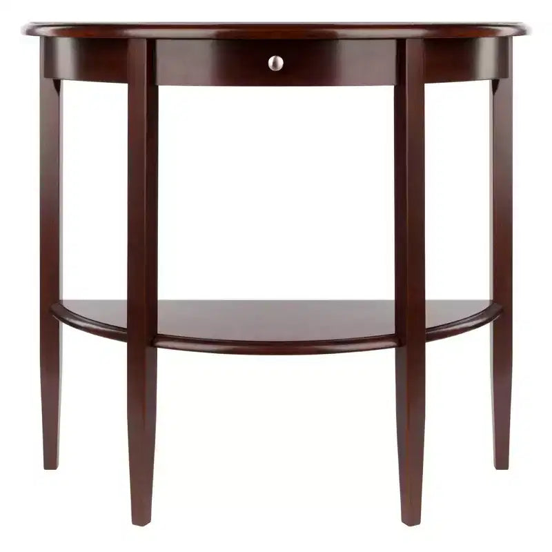 Console / Desserte demi-lune avec tiroir et étagère, noyer antique : Meuble d'entrée avec rangement, bois composite