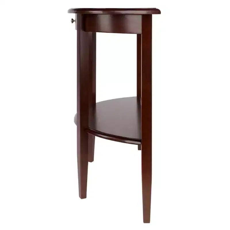 Console / Desserte demi-lune avec tiroir et étagère, noyer antique : Meuble d'entrée avec rangement, bois composite