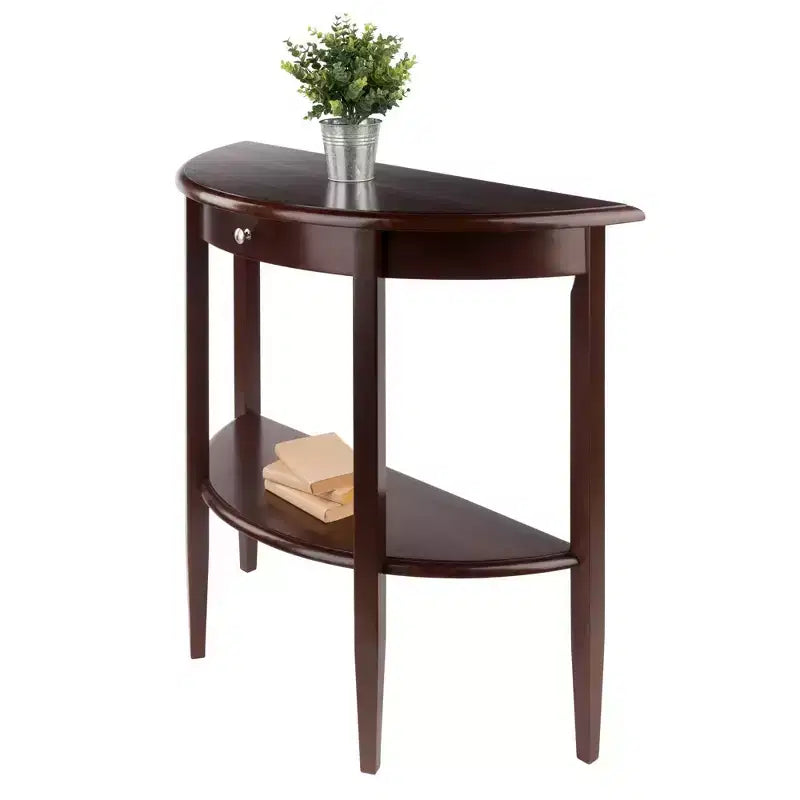 Console / Desserte demi-lune avec tiroir et étagère, noyer antique : Meuble d'entrée avec rangement, bois composite