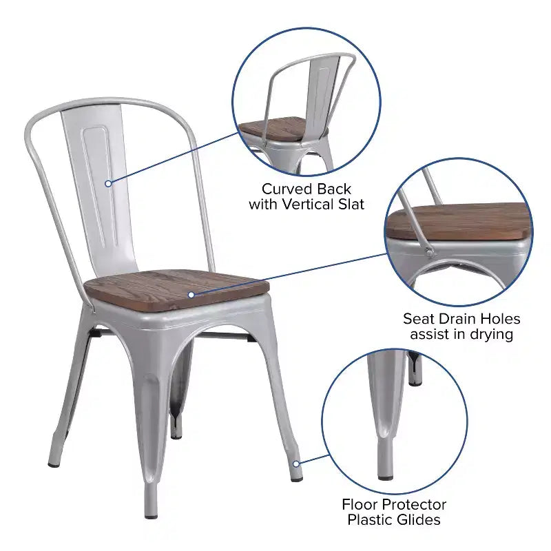 Chaise empilable en métal avec assise en bois