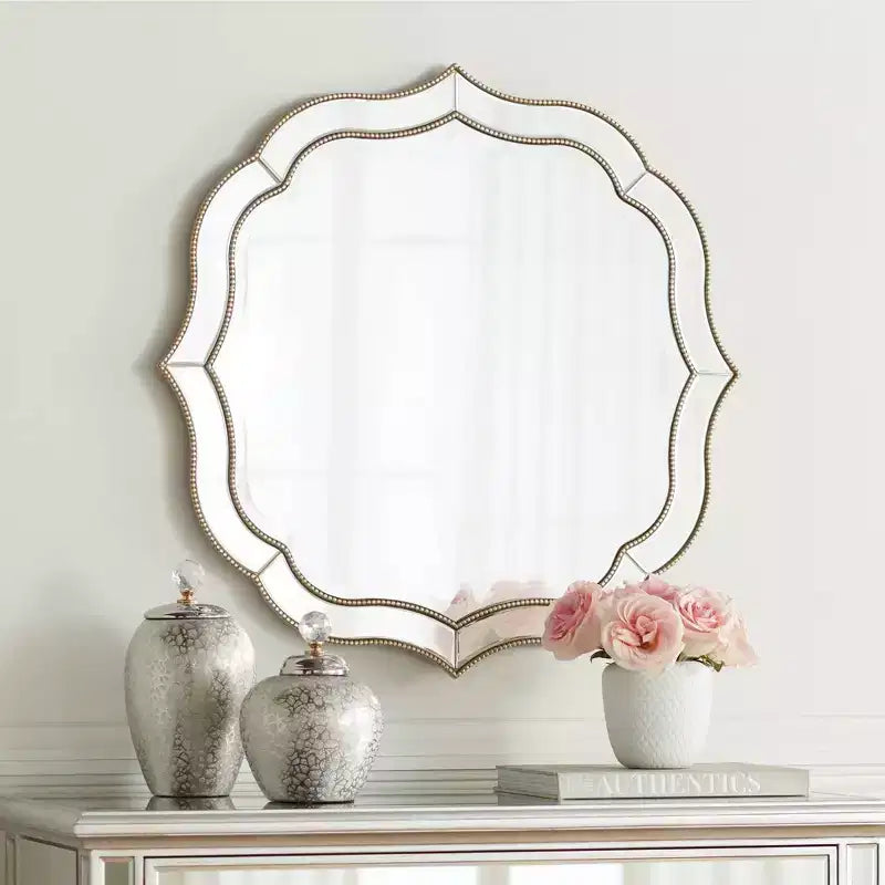 Miroir Mural Rond de Vanité Cannelé, Verre Biseauté Moderne, Cadre Perlé Or Champagne, 32 Pouces de Large, pour Salle de Bain, Salon, Entrée