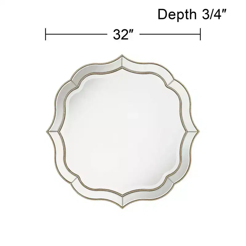Miroir Mural Rond de Vanité Cannelé, Verre Biseauté Moderne, Cadre Perlé Or Champagne, 32 Pouces de Large, pour Salle de Bain, Salon, Entrée