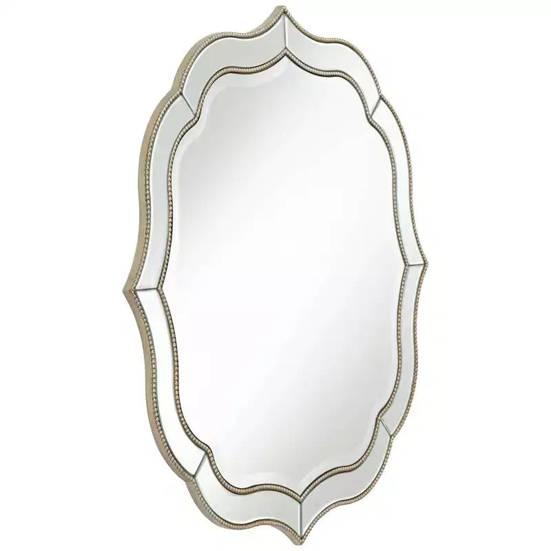 Miroir Mural Rond de Vanité Cannelé, Verre Biseauté Moderne, Cadre Perlé Or Champagne, 32 Pouces de Large, pour Salle de Bain, Salon, Entrée