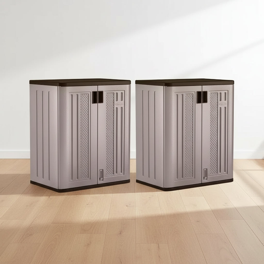 Suncast 9 Cu Ft Heavy Duty Resin Garage Base Storage Cabinet, Platinum (2 Pack)